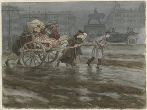 Familie, die ihre Habseligkeiten auf einem Wagen bewegt aus der Aquarellserie Russische Revolution, 1917-1918
