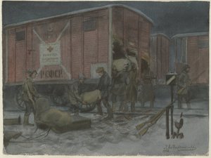 Soldaten plündern einen Eisenbahnwagen aus der Aquarellserie Russische Revolution, 1922