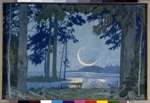 Mondschein über dem Ilmensee. Bühnenbild für die Oper Sadko