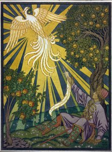 Der Prinz fängt eine Feder des Feuervogels. Illustration zum Märchen "Iwan Zarewitsch, der Feuervogel und der graue Wolf"