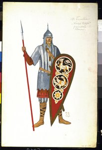 Ein russischer Krieger im 12. Jahrhundert. Kostümentwurf für die Oper "Fürst Igor" von Alexander Borodin von Ivan Yakovlevich Bilibin
