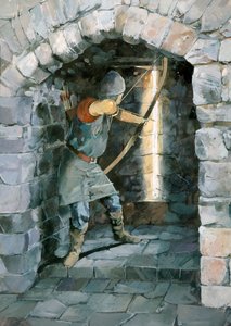 Mittelalterlicher Bogenschütze, der durch einen Pfeilschlitz auf Schloss Beeston, Cheshire, schießt