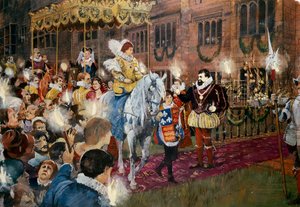 Robert Dudley begrüßt Königin Elizabeth I. auf Schloss Kenilworth, Warwickshire, Juli 1575, ca. 2000er von Ivan Lapper