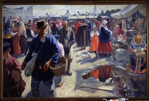 Der Jahrmarkt. Marktszene in einer russischen Provinzstadt, in traditioneller Atmosphäre, mit Bauern und Verkäufern. Gemälde von Iwan Semjonowitsch Kulikow (1875-1941) von Ivan Semyonovich Kulikov