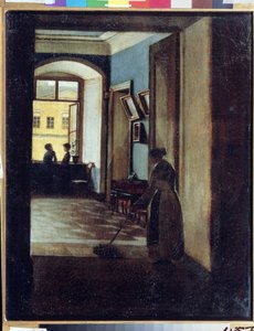 Ansicht eines Innenraums. Eine Dienerin wischt den Boden in einem dunklen Flur von Ivan Trofimovich Durnov