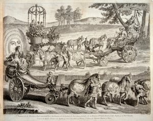 Der Wagen des Apollon - Aus dem Album "Masque royal" (Mascara real) - Kupferstich von A. J. De Fehrt (Defehrt) (1723-1774) von J.A. Defehrt
