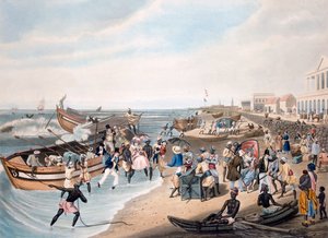 Madras-Landung, graviert von C. Hunt, veröffentlicht von Ackermann und Co., 1856
