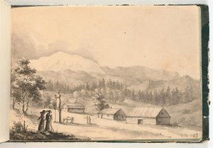 Berglandschaft mit Menschen und Häusern