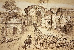 General Outram betritt die Verteidigungsanlagen der Residenz in Lucknow am 25. September 1858 an der Spitze von Havelocks Entsatztruppe