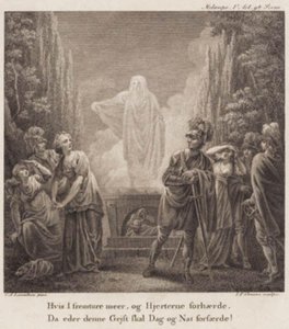 Melampe. Wenn ihr weiter fortfahrt und die Herzen verhärtet, wird euch dieser Geist Tag und Nacht erschrecken? Gravur nach Llorentzens Holberg Galerie. von J.F. Clemens