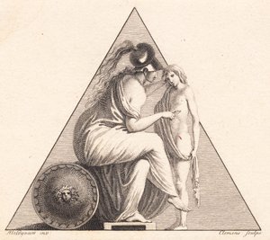 Vignette, die Pallas Athene darstellt, die einem jungen Mann das Leben schenkt