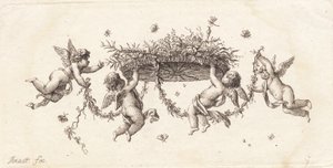 Vignette mit verschlungenen Blättern und Bändern von J.F. Clemens