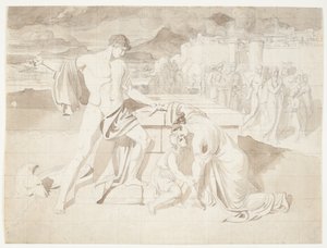 Andromache und der Sohn Astyanax zusammen mit Pyrrhus am Sarkophag von Hector