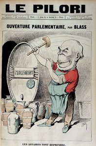 Eröffnung des Parlaments: Die Geschäfte werden wieder aufgenommen (Karikatur über den Dekorationsskandal mit Daniel Wilson und Jules Grévy) - Illustration von J. Blas (Albert Douat dit) (1847-1892). in „Le Pilori“ vom 30.10.1887