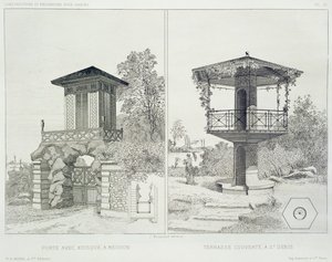 Portal mit Kiosk, Meudon, und überdachte Terrasse, St. Denis, aus einem Band von Entwürfen verschiedener Architekten, veröffentlicht von Morel & Cie, Paris, ca. 1880