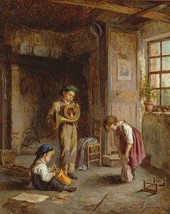 Jungen mit Waldhorn und Trommel, 19. Jahrhundert von J. Devaux