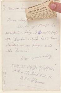 Brief an den Wettbewerbsredakteur des Liverpool Weekly Courier, 1917 von J. Griffiths