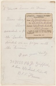 Brief an den Wettbewerbsredakteur des Liverpool Weekly Courier, 1917 von J. Griffiths