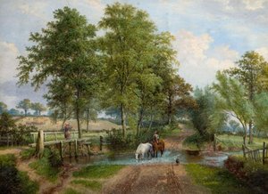 Ländliche Szene mit Pferden am Bach von J. Jolly