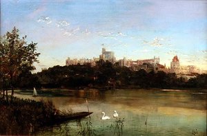 Figuren in einem Kahn und Schwäne auf der Themse mit Windsor Castle im Hintergrund