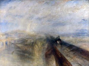 Regen, Dampf und Geschwindigkeit - Die Great Western Railway (zeigt eine frühe Lokomotive der Great Western Railway, die den Fluss Thames auf der kürzlich fertiggestellten Maidenhead Railway Bridge von Brunel überquert) von Joseph Mallord William Turner
