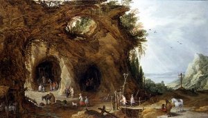 Pilger an einem Schrein in einer bergigen Landschaft von J. and Momper J. de Brueghel