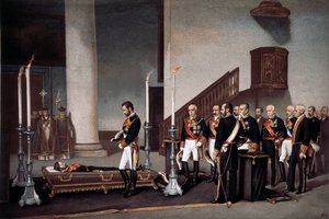 König Amadeo I. vor dem Sarg von General Prim, Gravur von J. Palacios
