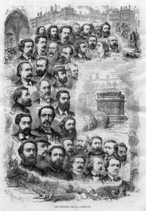 Die Männer der Pariser Kommune 1870, Gravur von J. Robert von 1870 - (Charles Delescluze, Felix Pyat, Charles Ferdinand Gambon, Paschal Grousset, Jules Valles und Gustave Courbet, Arthur Arnould, Charles Amouroux, Victor Clement, Jules Bergeret usw.)