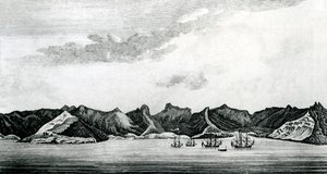 Ansicht der Cumberland Bay auf der Insel Juan Fernandes, ca. 1745 (Gravur) von J. S. Mason