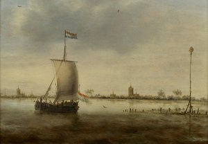 Ein Segelschiff entlang der Küste einer niederländischen Stadt, vermutlich Schoonhoven