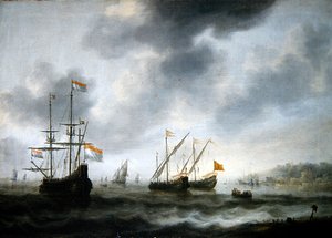 Das niederländische Flaggschiff De Roode Leeuw und zwei englische Schiffe