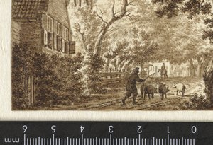 Schweinehirt auf einem Weg vor einem Haus