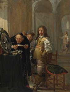 Ein Kavalier verkauft seine Waren, mit einem alten Mann, der ein Dokument liest, und einem Jungen, der eine Münze hält von Jacob Duck