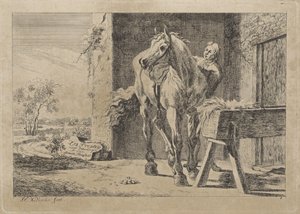 Figur mit einem Pferd bei einer Futterkrippe (Sechs Drucke nach Zeichnungen verschiedener Meister)