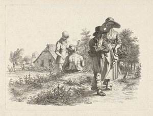 Blinde Frau und plaudernde Figuren bei einem Bauernhof von Jacob Ernst Marcus