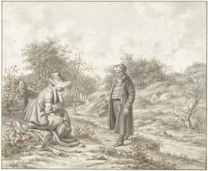 Hügelige Landschaft mit sitzender Frau und stehendem Mann mit Korb von Jacob Ernst Marcus