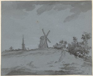 Landschaft mit Windmühle und Kirche auf einem Hügel