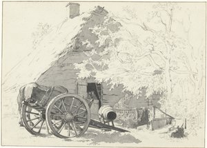 Milchwagen mit Pferd vor einem Bauernhof