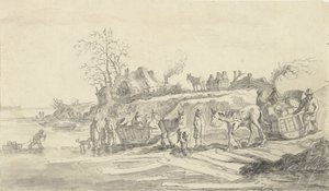Schlittenfahren am Ufer eines zugefrorenen Flusses von Jacob Ernst Marcus