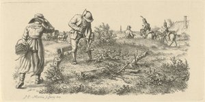 Grabender Mann, eine Frau mit einem Korb und Soldaten zu Pferd von Jacob Ernst Marcus