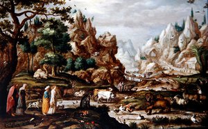 Felsige Landschaft mit Noah und den Tieren