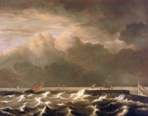 Stürmische See, die über die Mole kracht, zeigt kleine Fischerboote, die im Sturm gefangen sind