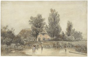 Bauernhof und eine waschende Frau von Jacob Jan van der Maaten