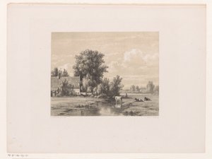 Landschaft mit Bauernhof und Kuh im Wasser