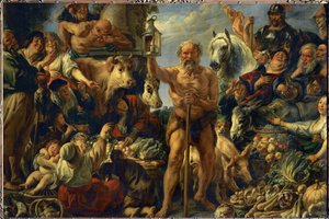 Diogenes mit seiner Laterne, auf der Suche nach Menschen auf einem lebhaften Marktplatz