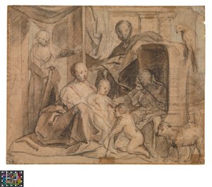 Die Heilige Familie mit Elisabeth und dem Johannesknaben (Rückseite: Tür, Türöffnung und Herme) von Jacob Jordaens