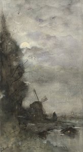 Landschaft mit Mühle bei Mondlicht