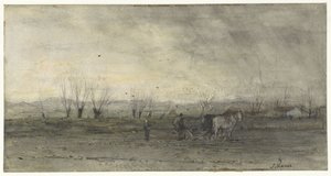 Landschaft mit pflügendem Bauern