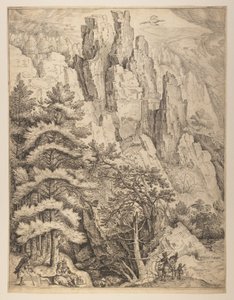 Böhmische Landschaft mit Paaren und Jägern (linke Platte) von Jacob Matham