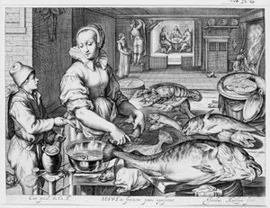Küchenszene mit einer Küchenmagd, die Fisch zubereitet, und Christus in Emmaus im Hintergrund, aus „Küchen- und Marktszenen mit biblischen Szenen im Hintergrund“ von Jacob Matham